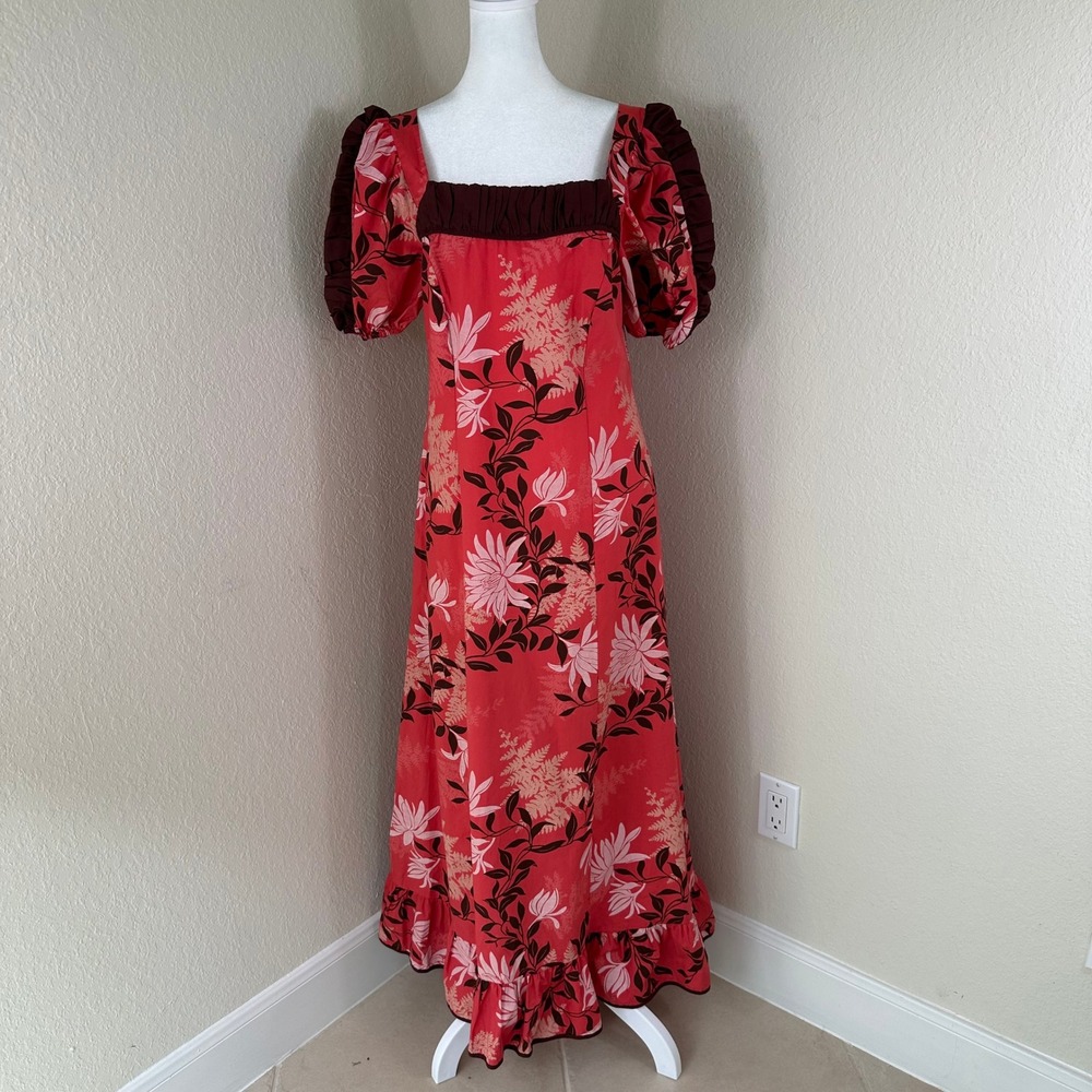 VTG Hoku Hawaii Muumuu Dress Women M Red Floral Tropical Puff Sleeve Maxi Boho